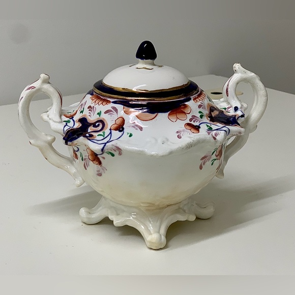 19th Century Antique Gaudy Welsh Urn Variant Footed Lidded Sugar Bowl - Picture 16 of 16